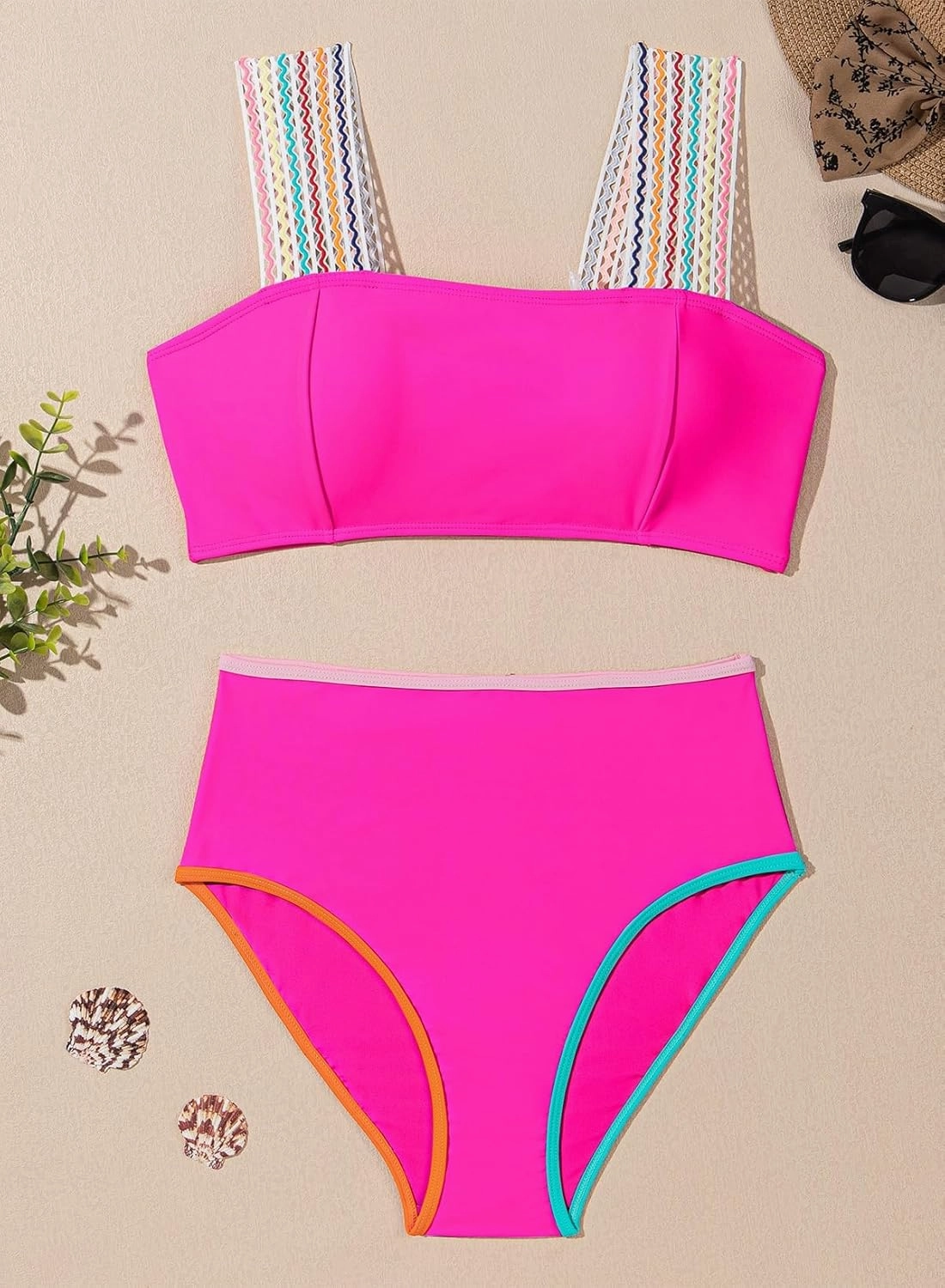 Herseas Women's Bikini Sets Colorblock Wide Strap 2 Piece Swimsuits High Waisted Square Neck Bathing Suits