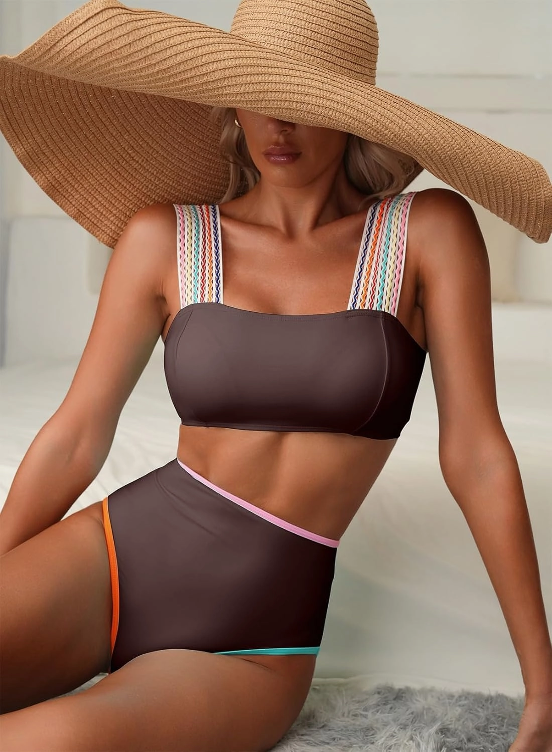 Herseas Women's Bikini Sets Colorblock Wide Strap 2 Piece Swimsuits High Waisted Square Neck Bathing Suits
