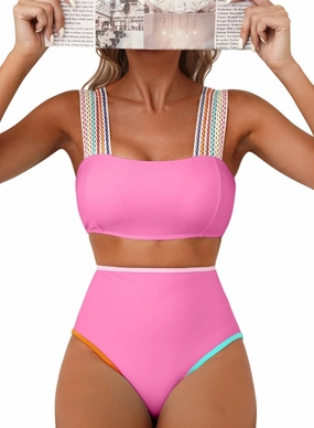 Herseas Women's Bikini Sets Colorblock Wide Strap 2 Piece Swimsuits High Waisted Square Neck Bathing Suits