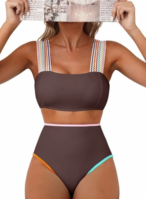 Herseas Women's Bikini Sets Colorblock Wide Strap 2 Piece Swimsuits High Waisted Square Neck Bathing Suits