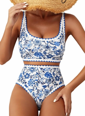 Herseas Women's Bikini Sets Floral Print Whip Stitch 2 Piece Swimsuits High Waisted Scoop Bathing Suits
