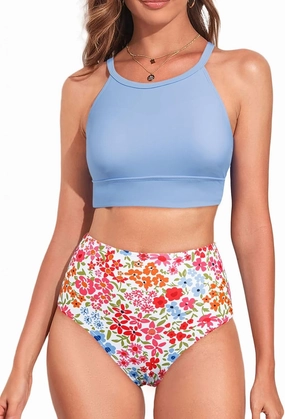 Herseas Women's Bikini Sets High Neck Tropical Leaf Print High Waisted Two Pieces Swimsuits Bathing Suits