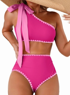 Herseas Women's One Bow Shoulder Bikini Sets 2 Piece Ruched Swimsuit Elegant Bathing Suit