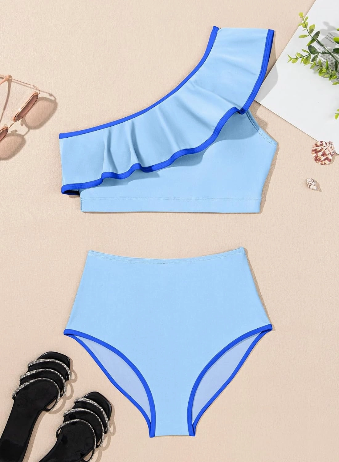Herseas Women's One Shoulder Bikini Sets Color Block Trim Ruffle Hem Swimsuits Elegant Bathing Suits