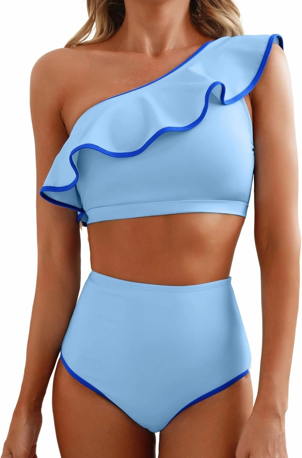 Herseas Women's One Shoulder Bikini Sets Color Block Trim Ruffle Hem Swimsuits Elegant Bathing Suits