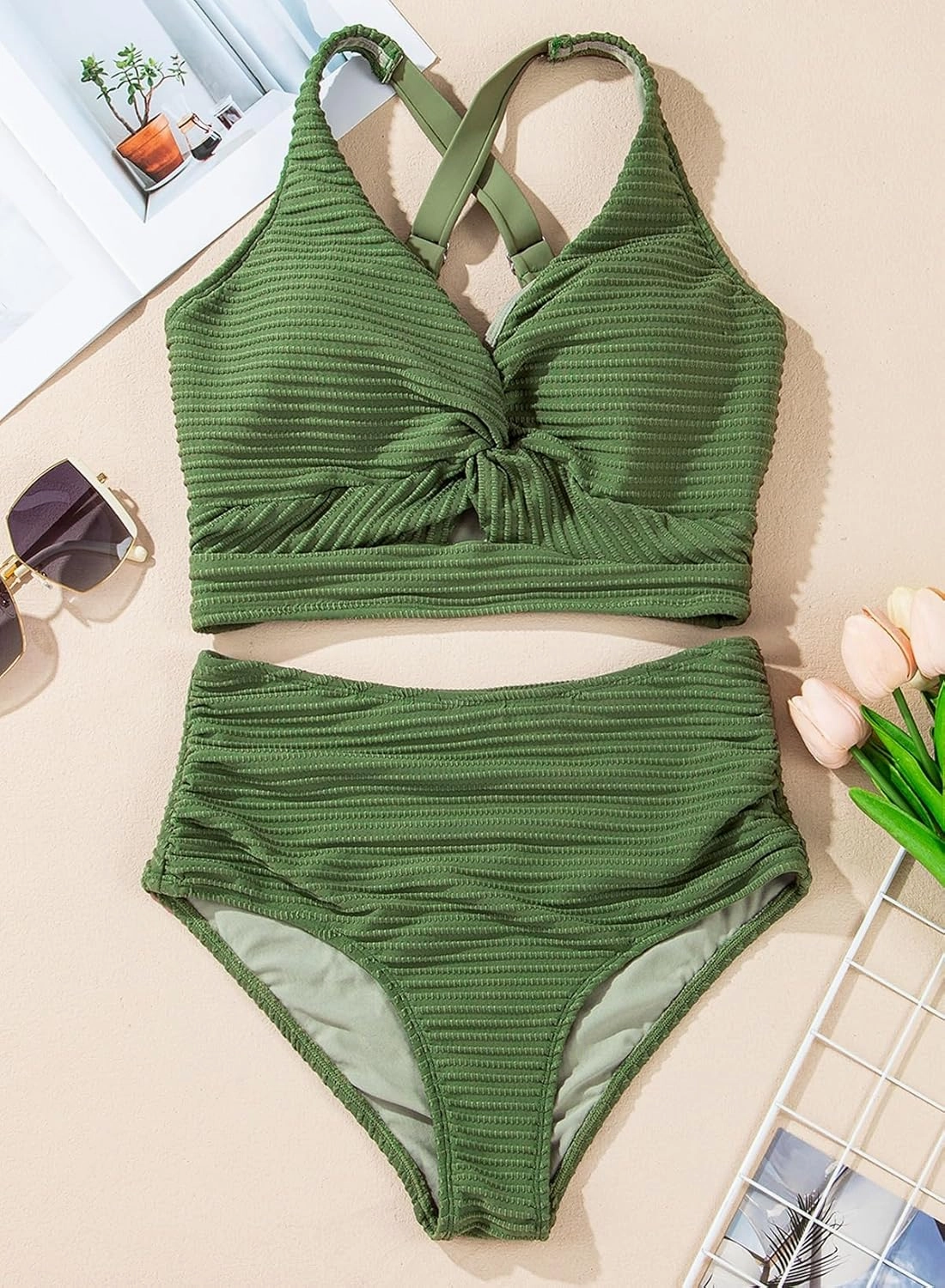 Herseas Women's Textured Bikini Sets Twist Front Top Swimsuits High Waisted Bathing Suits