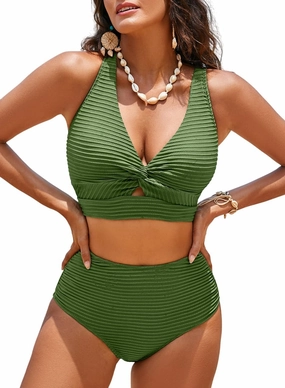 Herseas Women's Textured Bikini Sets Twist Front Top Swimsuits High Waisted Bathing Suits