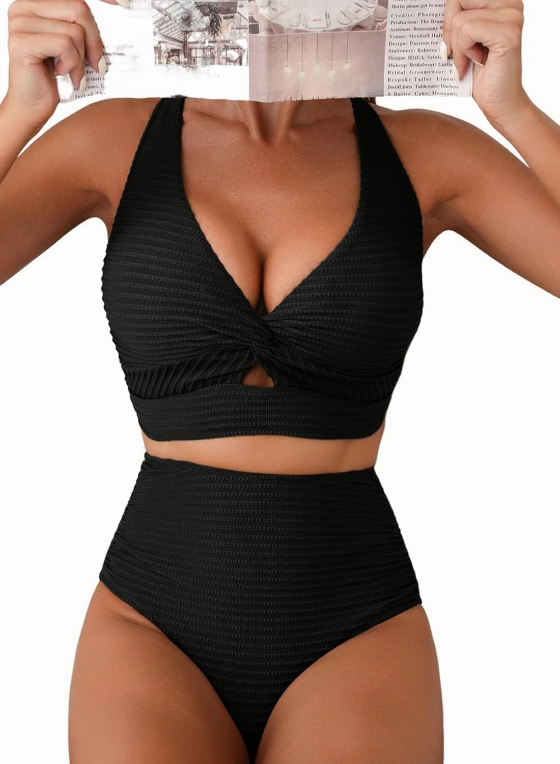 Herseas Women's Textured Bikini Sets Twist Front Top Swimsuits High Waisted Bathing Suits