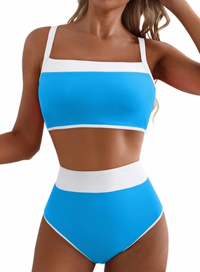 Herseas Women's Two Tone Patchwork Bikini Sets U Neck Swimsuit High Waisted Bathing Suit