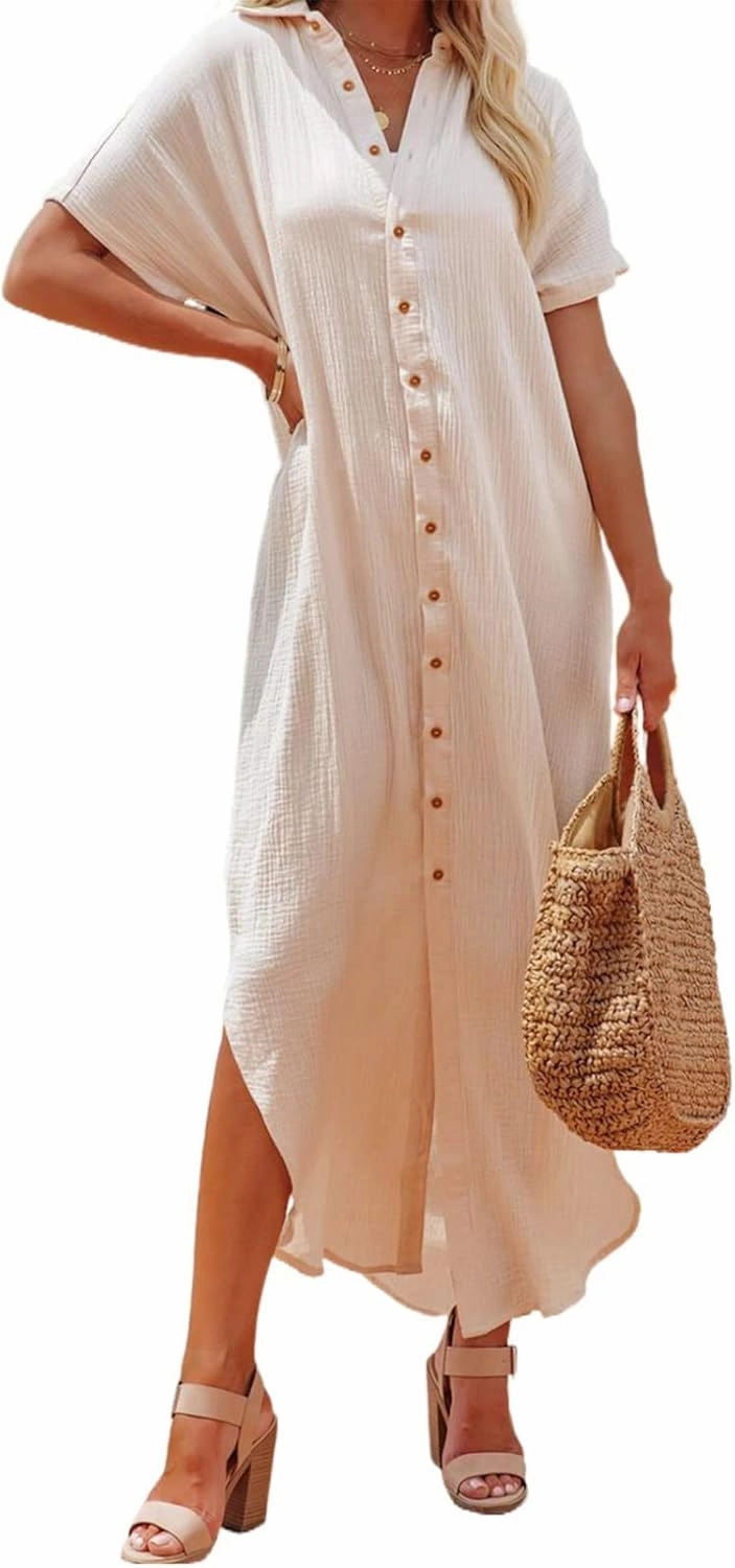 Herseas Womens Casual Short Sleeve Button Down Dress Side Split Long Kimonos Cardigans Swimsuit Cover Ups Beach Dress