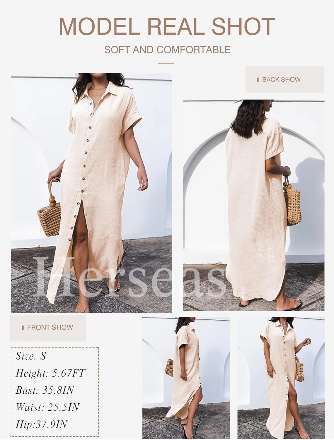 Herseas Womens Casual Short Sleeve Button Down Dress Side Split Long Kimonos Cardigans Swimsuit Cover Ups Beach Dress