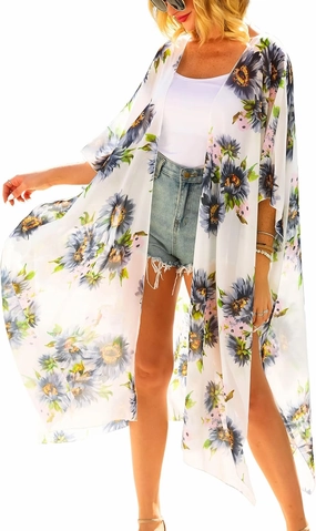 Hibluco Women's Long Floral Kimono Printed Cardigan Sheer Swimsuit Cover Ups