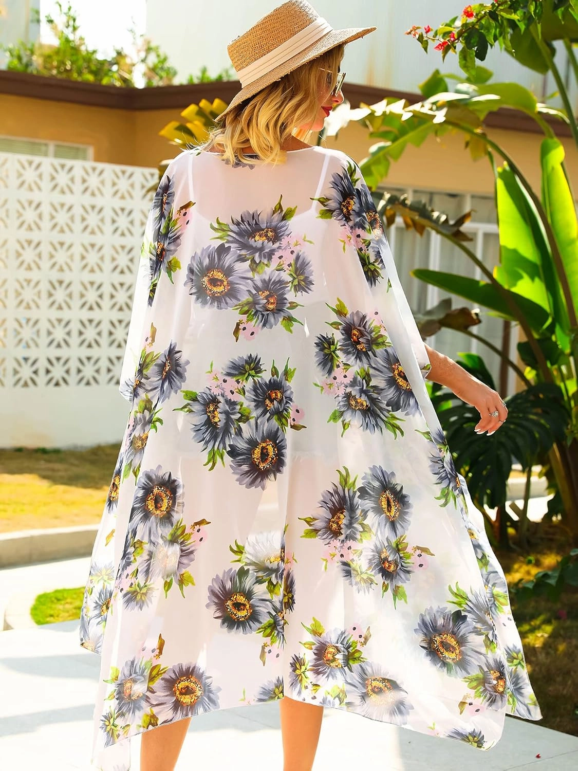 Hibluco Women's Long Floral Kimono Printed Cardigan Sheer Swimsuit Cover Ups