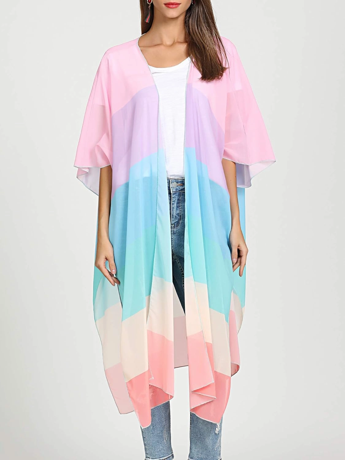 Hibluco Women's Long Floral Kimono Printed Cardigan Sheer Swimsuit Cover Ups