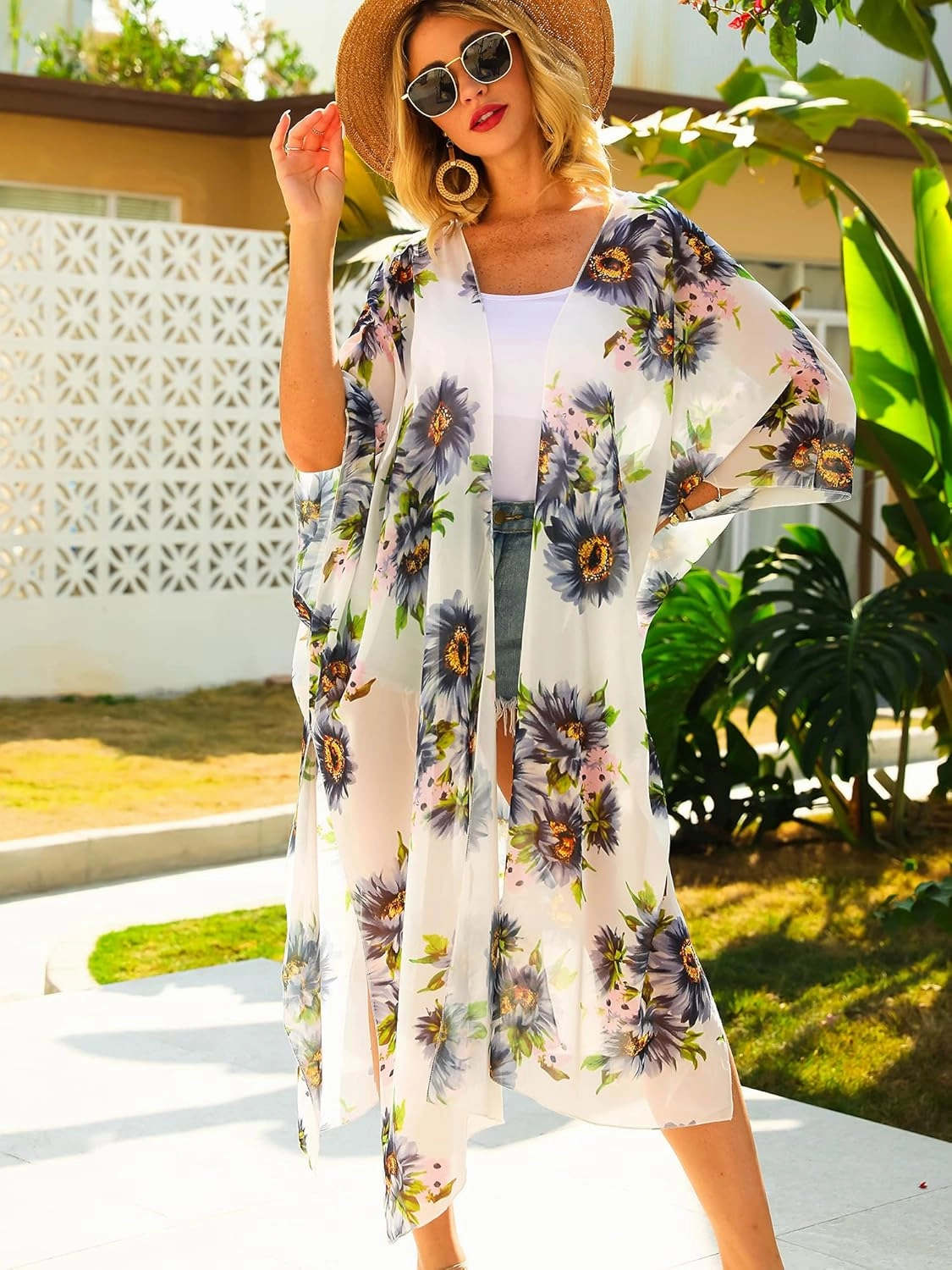Hibluco Women's Long Floral Kimono Printed Cardigan Sheer Swimsuit Cover Ups