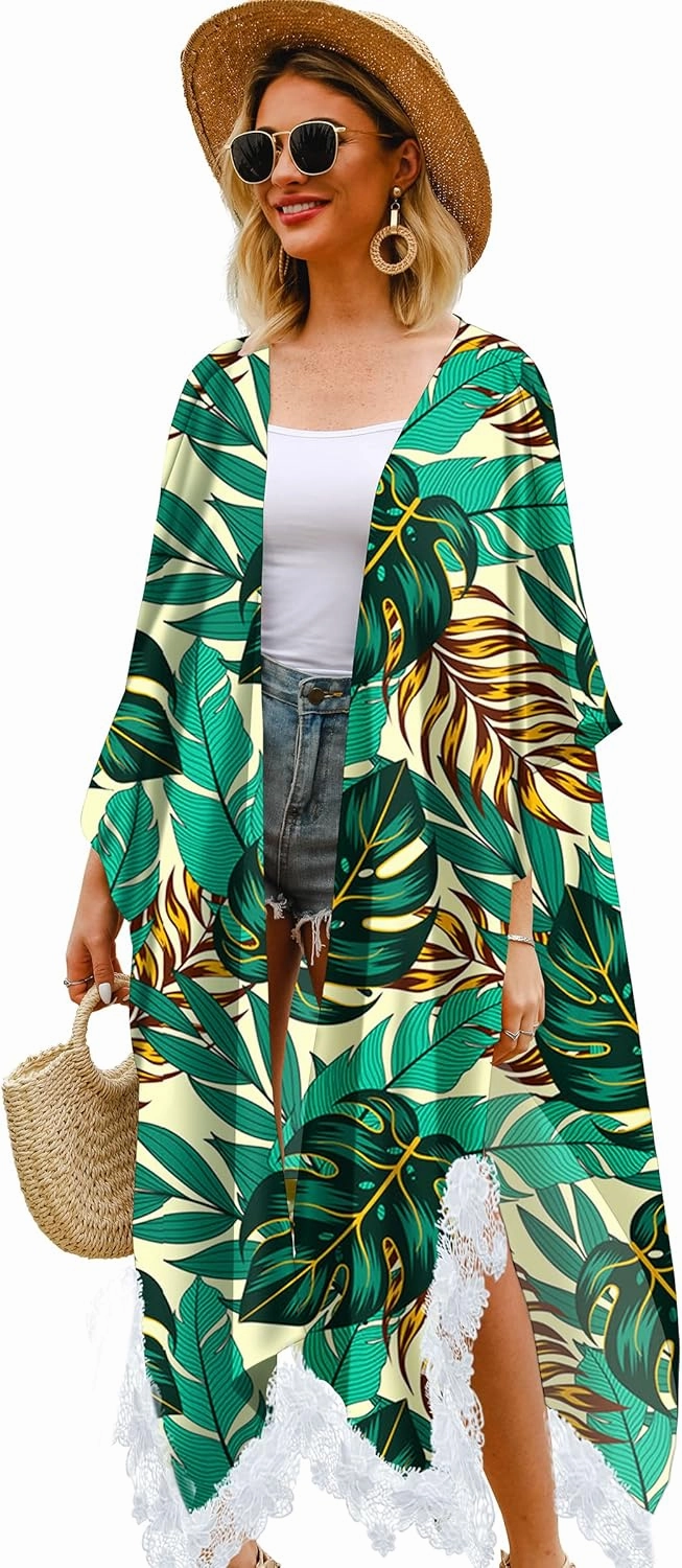 Hibluco Women's Long Floral Kimono Printed Cardigan Sheer Swimsuit Cover Ups