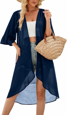 Hibluco Women's Long Floral Kimono Printed Cardigan Sheer Swimsuit Cover Ups