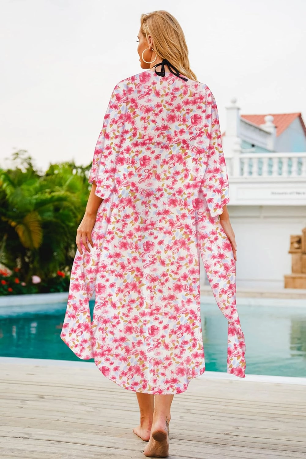 Hibluco Women's Summer Chiffon Floral Kimono Cardigan Long Swimwear Cover Ups