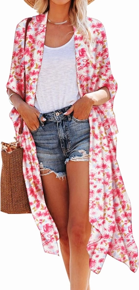 Hibluco Women's Summer Chiffon Floral Kimono Cardigan Long Swimwear Cover Ups