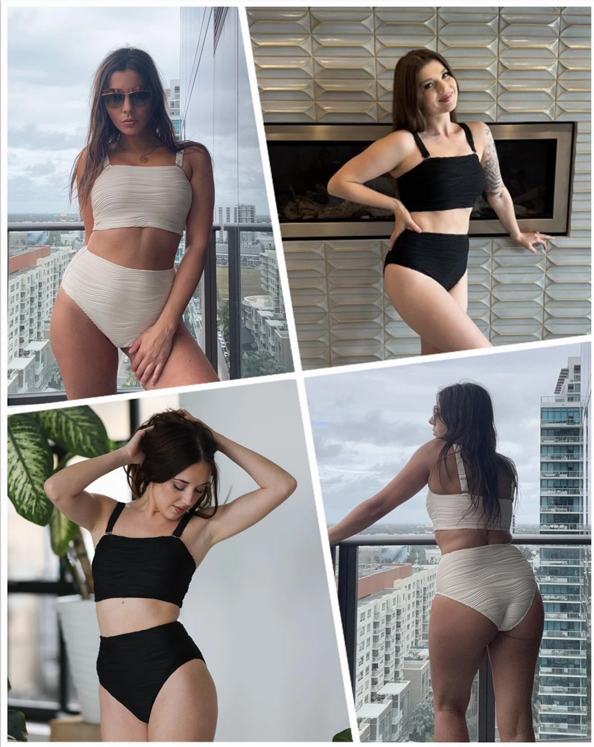 High Waisted Bandeau Bikini Set - Women Strapless Two Piece Swimsuits Ribbed Longline Full Coverage Bathing Suits Swimwear