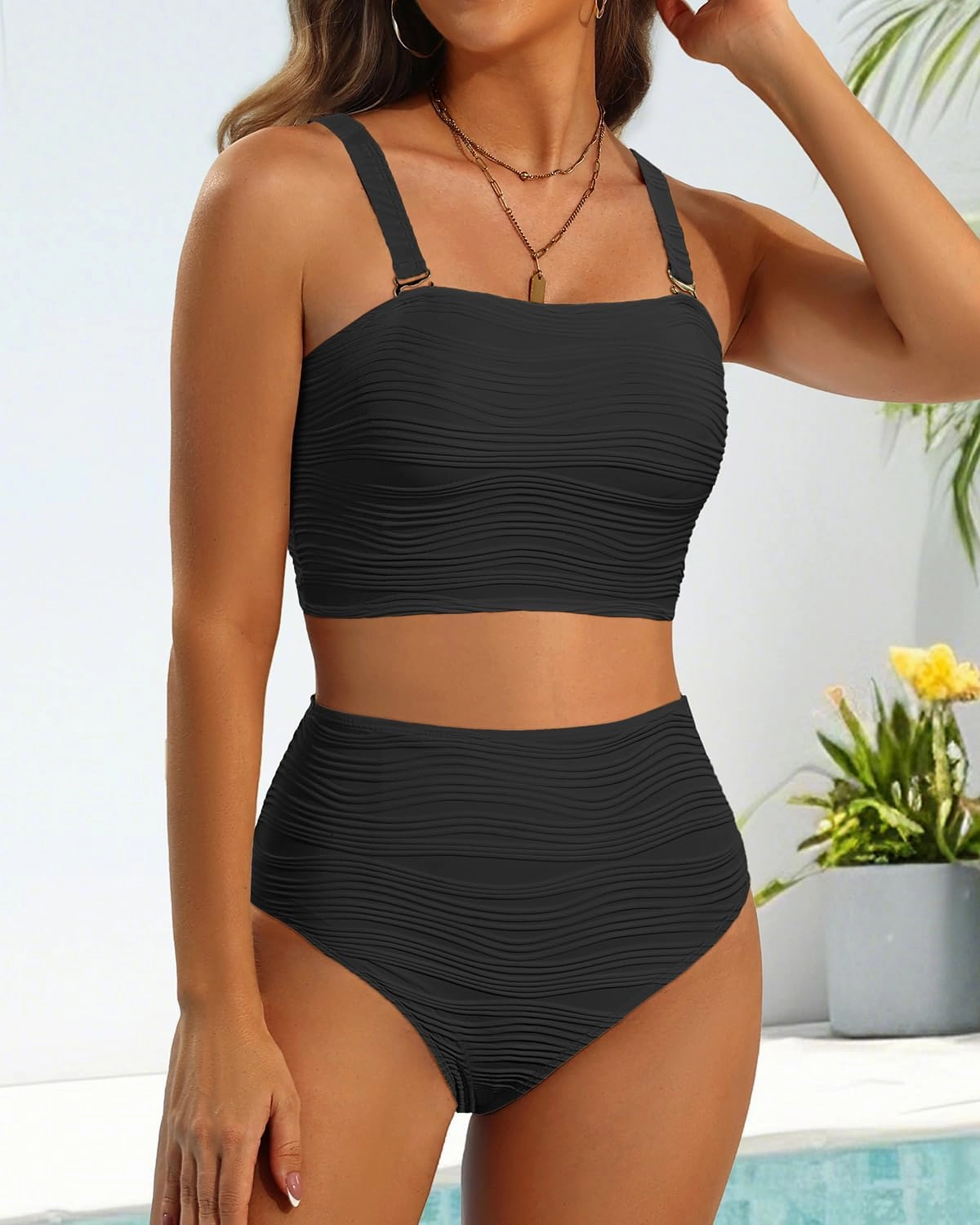 High Waisted Bandeau Bikini Set - Women Strapless Two Piece Swimsuits Ribbed Longline Full Coverage Bathing Suits Swimwear