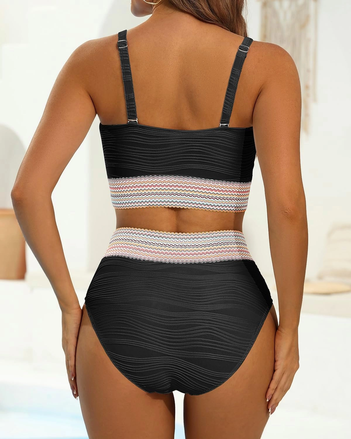 High Waisted Bandeau Bikini Set - Women Strapless Two Piece Swimsuits Ribbed Longline Full Coverage Bathing Suits Swimwear