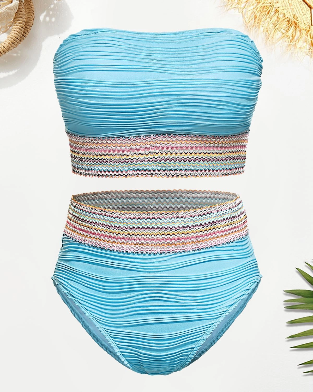 High Waisted Bandeau Bikini Set - Women Strapless Two Piece Swimsuits Ribbed Longline Full Coverage Bathing Suits Swimwear