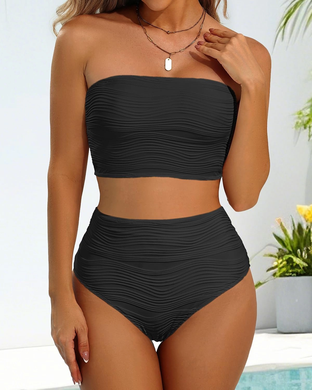 High Waisted Bandeau Bikini Set - Women Strapless Two Piece Swimsuits Ribbed Longline Full Coverage Bathing Suits Swimwear