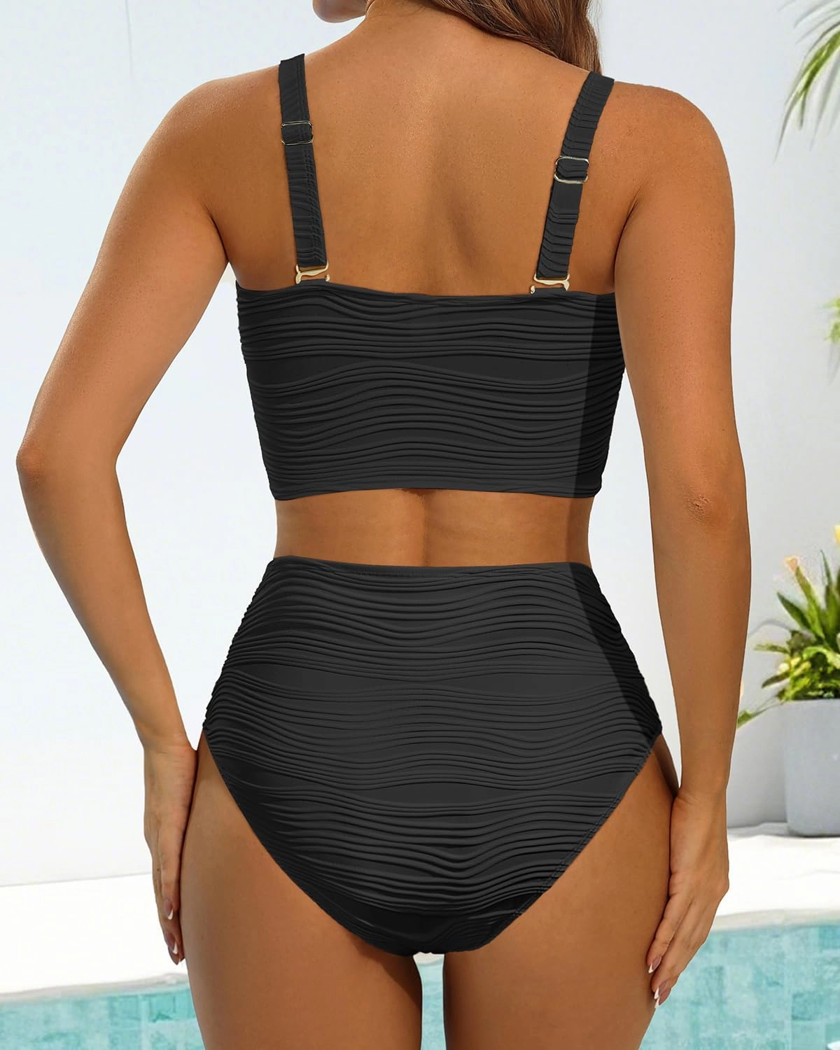 High Waisted Bandeau Bikini Set - Women Strapless Two Piece Swimsuits Ribbed Longline Full Coverage Bathing Suits Swimwear