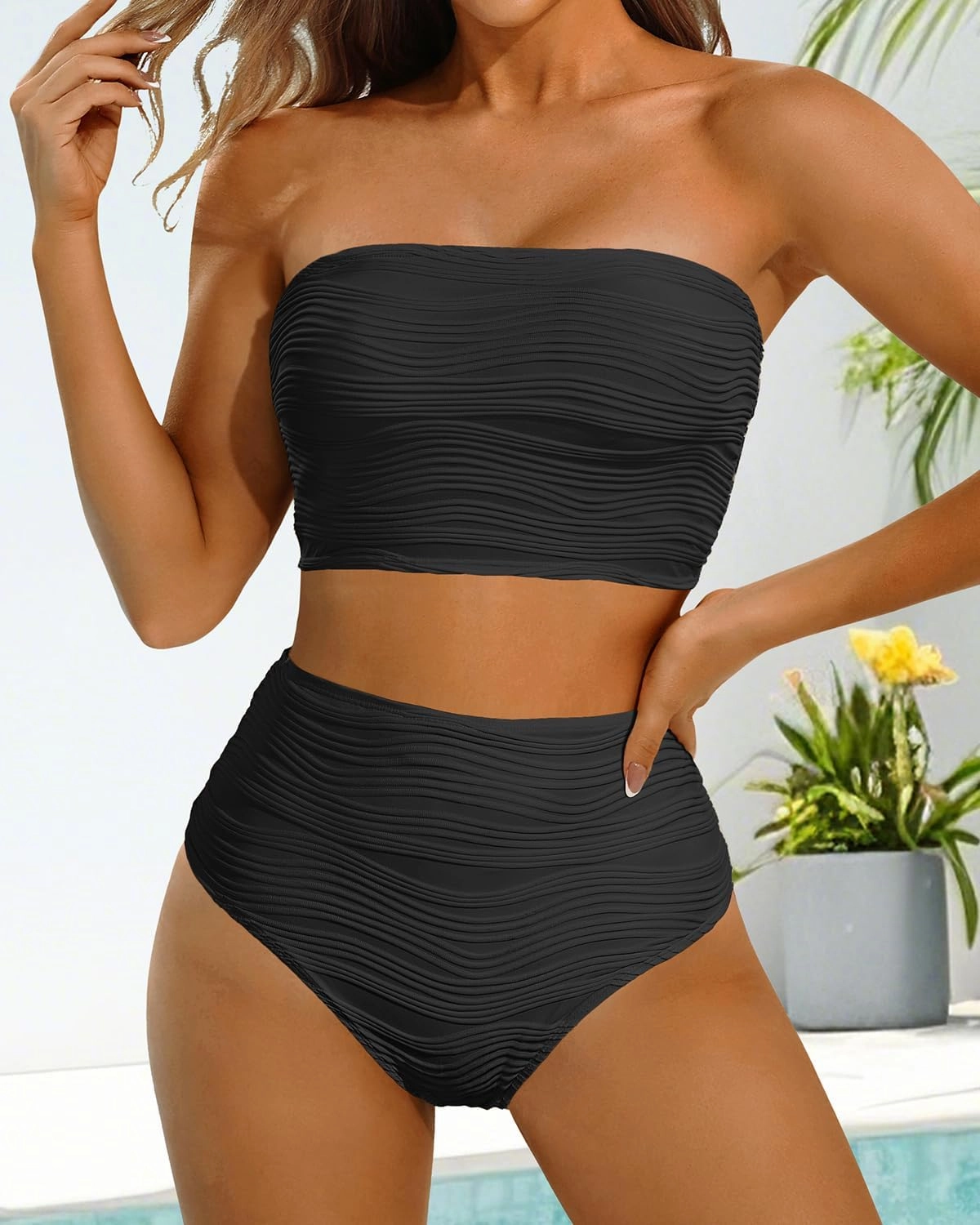High Waisted Bandeau Bikini Set - Women Strapless Two Piece Swimsuits Ribbed Longline Full Coverage Bathing Suits Swimwear