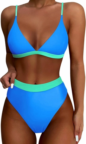 High Waisted Bikini Set for Women Two Piece Tummy Control Bathing Suit V Neck Triangle Swimsuit Color Block