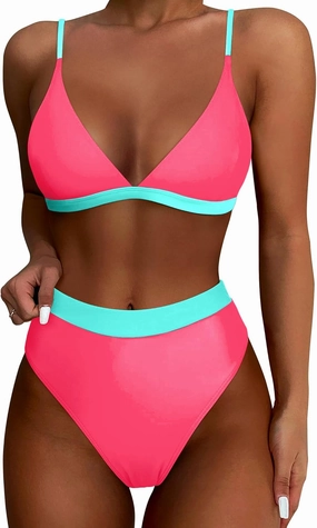 High Waisted Bikini Set for Women Two Piece Tummy Control Bathing Suit V Neck Triangle Swimsuit Color Block