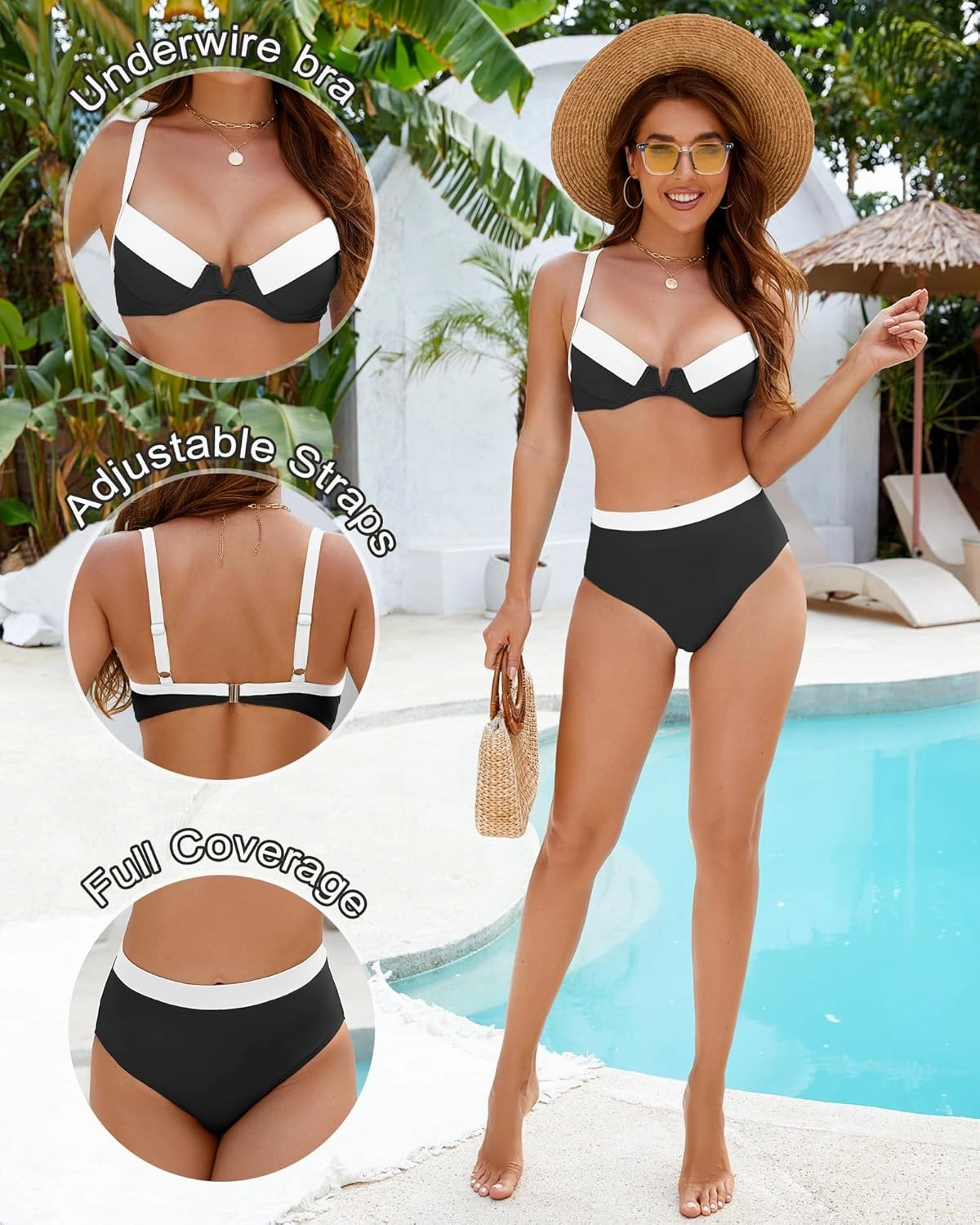 High Waisted Bikini Sets for Women Bathing Suit Two Piece Tummy Control Swimsuits Modest Swim Suit Underwire Top
