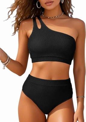 High Waisted Ribbed Bikini Swimsuit - Women Two Piece Bathing Suit One Shoulder Swimwear 2025