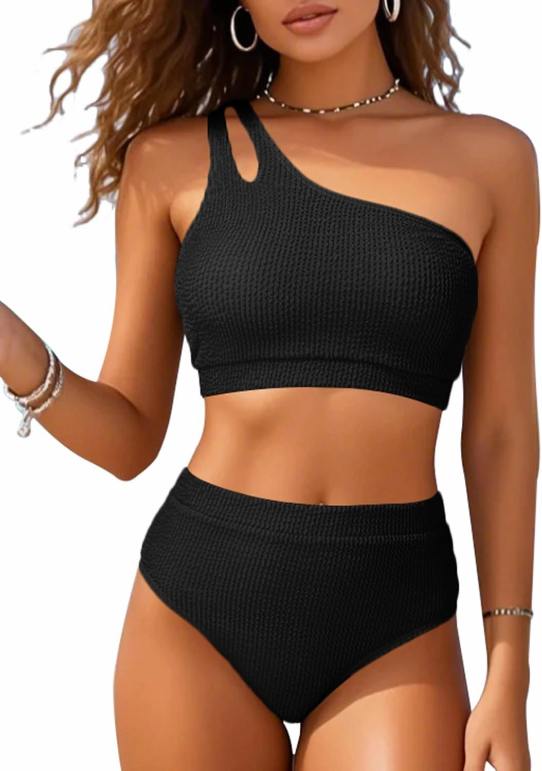 High Waisted Ribbed Bikini Swimsuit - Women Two Piece Bathing Suit One Shoulder Swimwear 2025