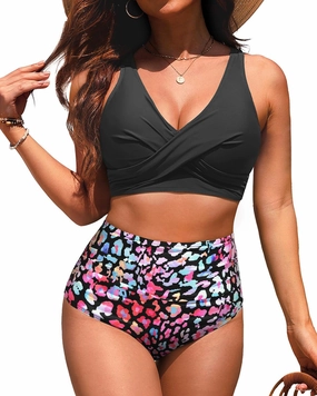 High Waisted Two Piece Swimsuit-Womens Bikini Set Tummy Control Bathing Suit Modest Full Coverage Bikini 2025
