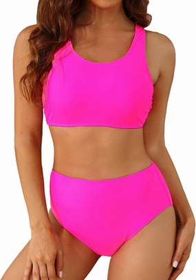 Holipick Women High Waisted Two Piece Bikini Sports Crop Top Swimsuit Scoop Neck Bathing Suit for Teen Girls with Bottom