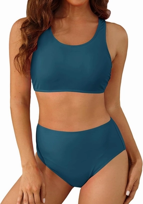 Holipick Women High Waisted Two Piece Bikini Sports Crop Top Swimsuit Scoop Neck Bathing Suit for Teen Girls with Bottom