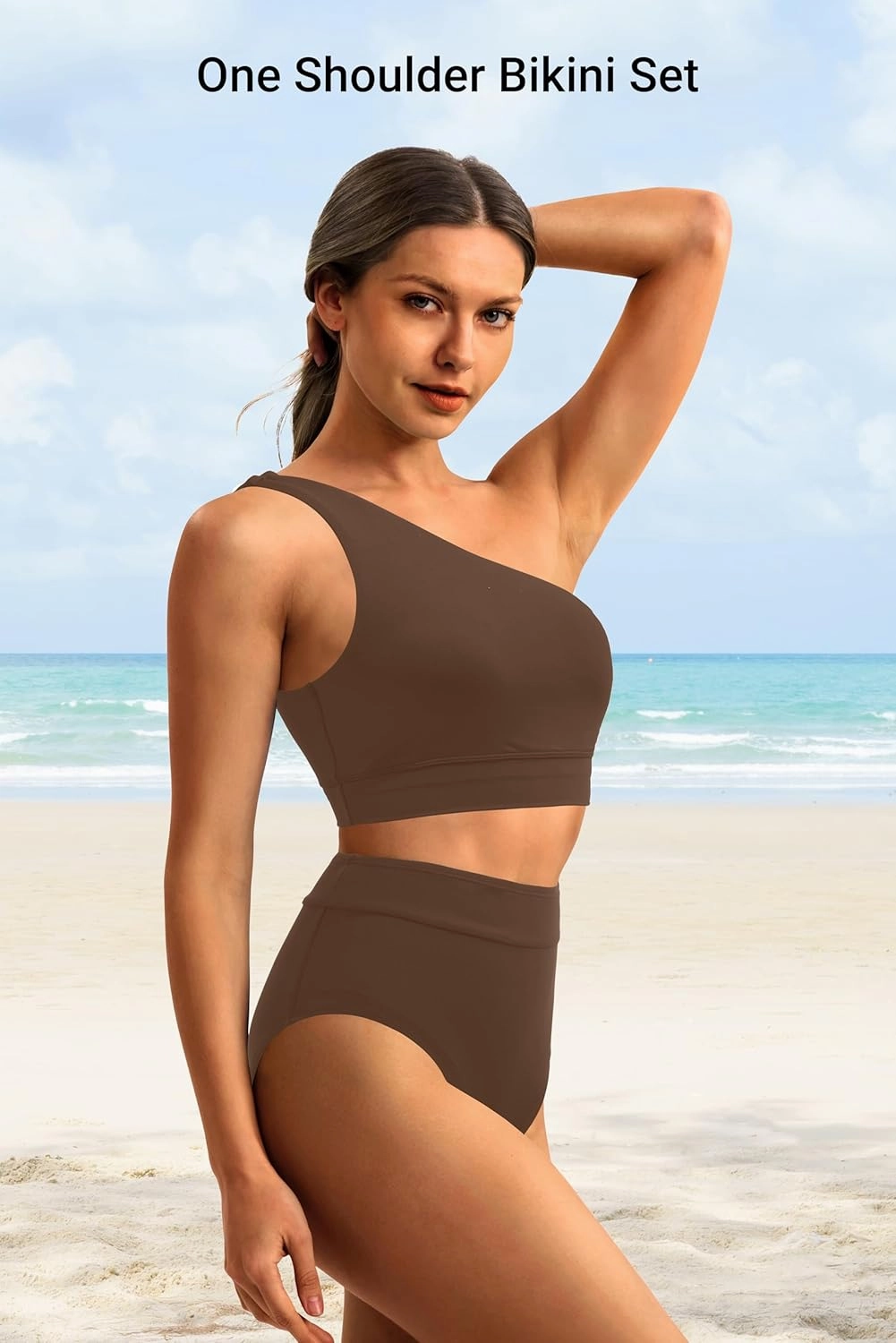 Holipick Women One Shoulder High Waisted Bikini Sets Two Piece Swimsuit Tummy Control Bathing Suit Full Coverage Swimwear