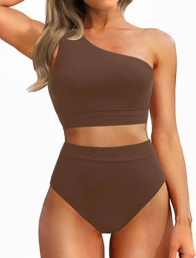 Holipick Women One Shoulder High Waisted Bikini Sets Two Piece Swimsuit Tummy Control Bathing Suit Full Coverage Swimwear