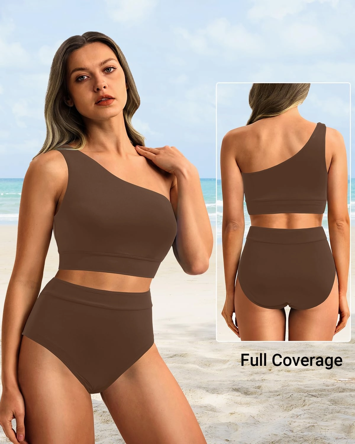Holipick Women One Shoulder High Waisted Bikini Sets Two Piece Swimsuit Tummy Control Bathing Suit Full Coverage Swimwear