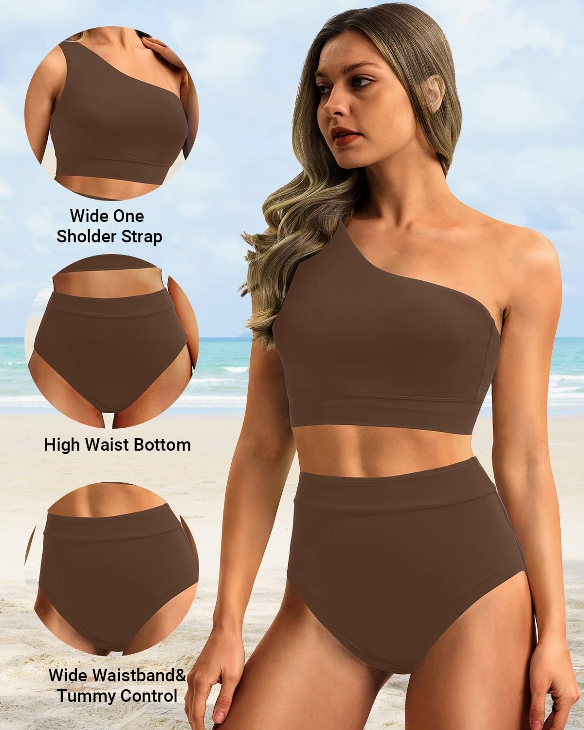 Holipick Women One Shoulder High Waisted Bikini Sets Two Piece Swimsuit Tummy Control Bathing Suit Full Coverage Swimwear