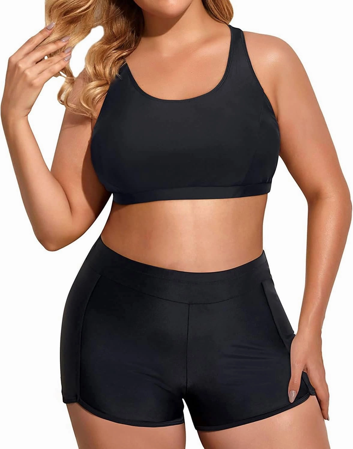 Holipick Women Plus Size 3 Piece Tankini Swimsuits Tummy Control Bathing Suits with Boy Shorts Tank Top with Sports Bra