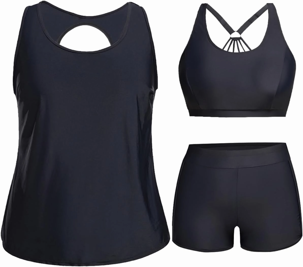 Holipick Women Plus Size 3 Piece Tankini Swimsuits Tummy Control Bathing Suits with Boy Shorts Tank Top with Sports Bra