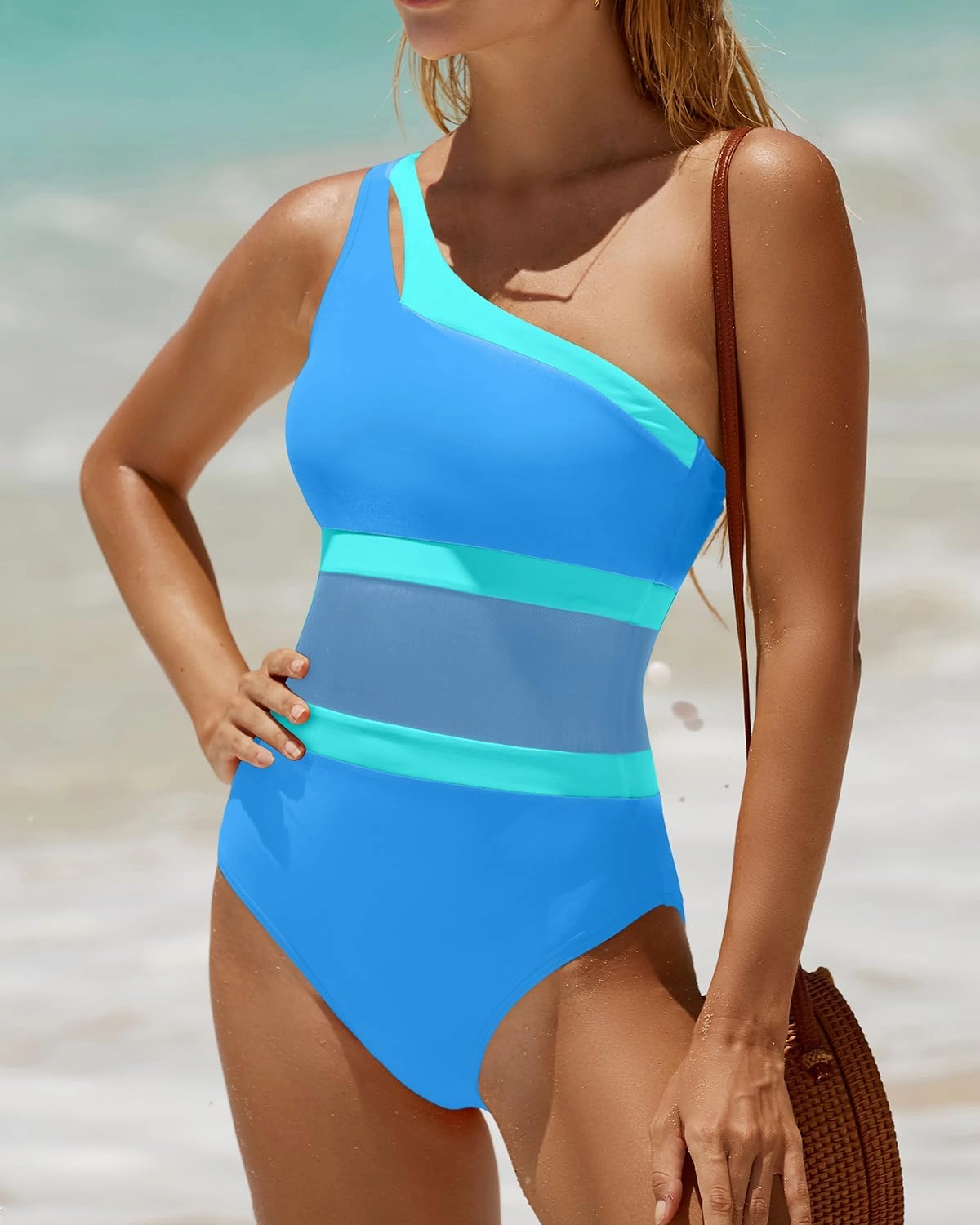 Holipick Women's One Shoulder One Piece Swimsuit Cutout Bathing Suits Mesh Slimming Swimwear for Teen Girls