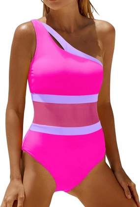 Holipick Women's One Shoulder One Piece Swimsuit Cutout Bathing Suits Mesh Slimming Swimwear for Teen Girls