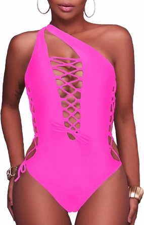 Holipick Women Sexy One Piece Swimsuit One Shoulder Bathing Suit Lace Up Swimwear Monokini