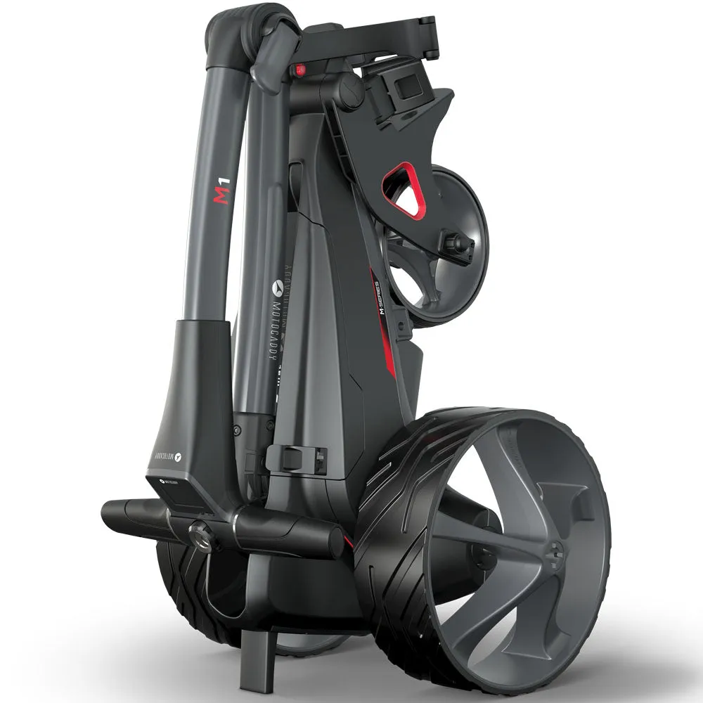 Motocaddy M1 Electric Golf Trolley - Graphite, Golf club cleaning brush, Waterproof golf jacket, Backyard golf setup