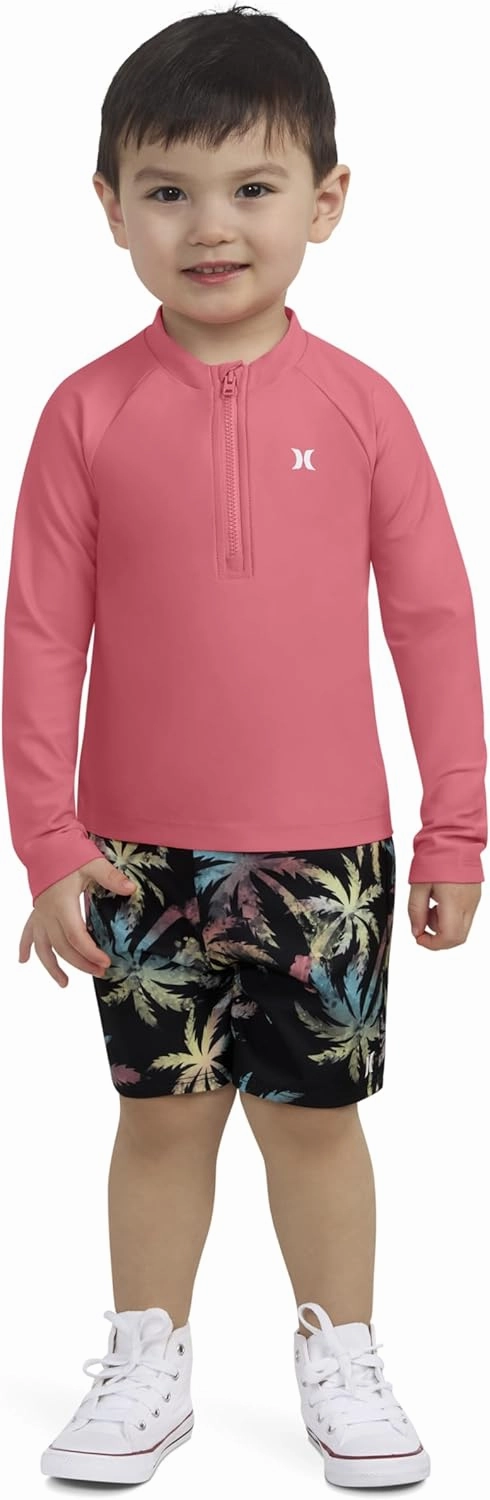 Hurley Boys' Long Sleeve Rash Guard Swim Suit 2-Piece Outfit Set