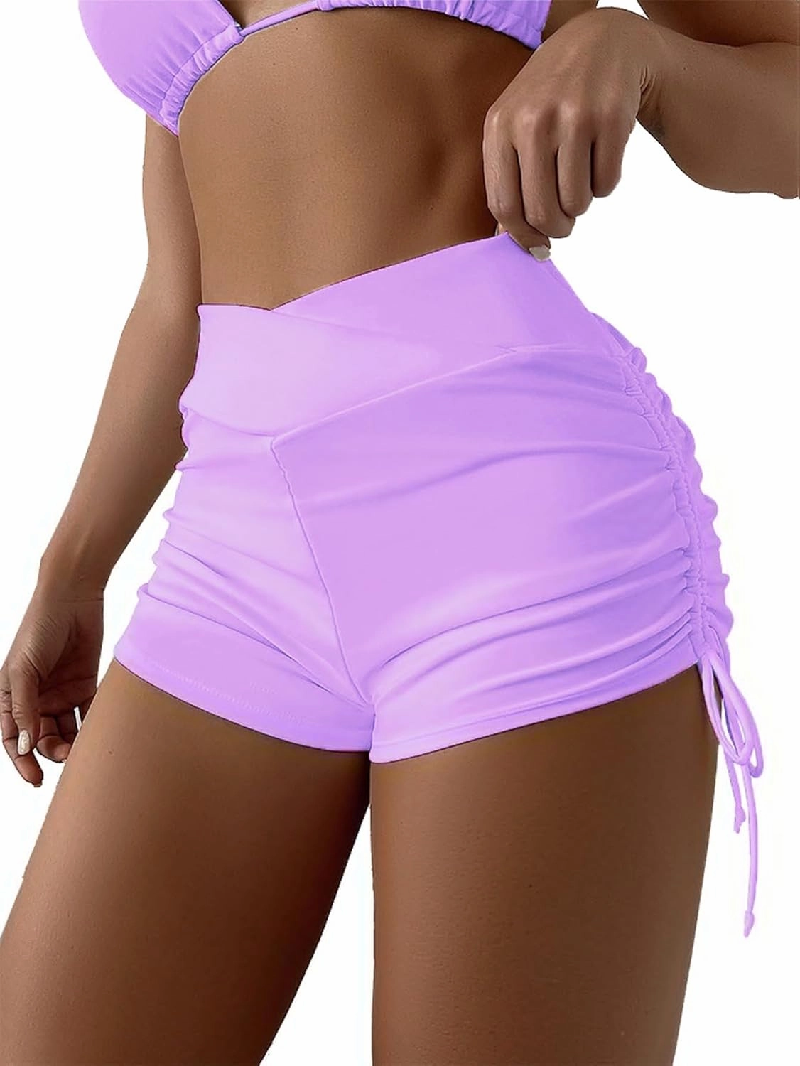 HYTENSUN Women's High Waisted V Cut Swim Shorts Ruched Board Shorts Tie Side Swimsuit Bottoms